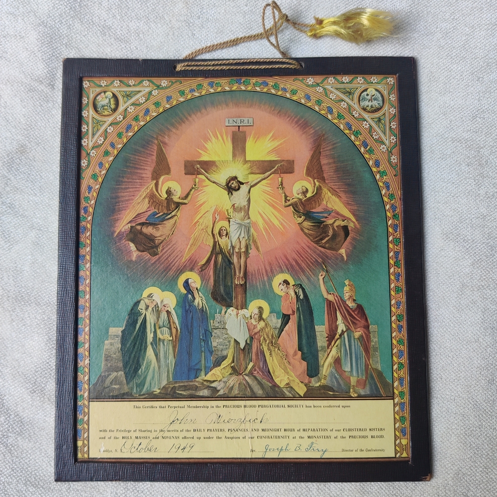 1949 Brooklyn NY Monastery Crucifixion Painting Membership Certificate Print